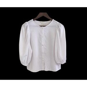 H&M White Linen Blend Blouse Puff Sleeve Button Front Size S